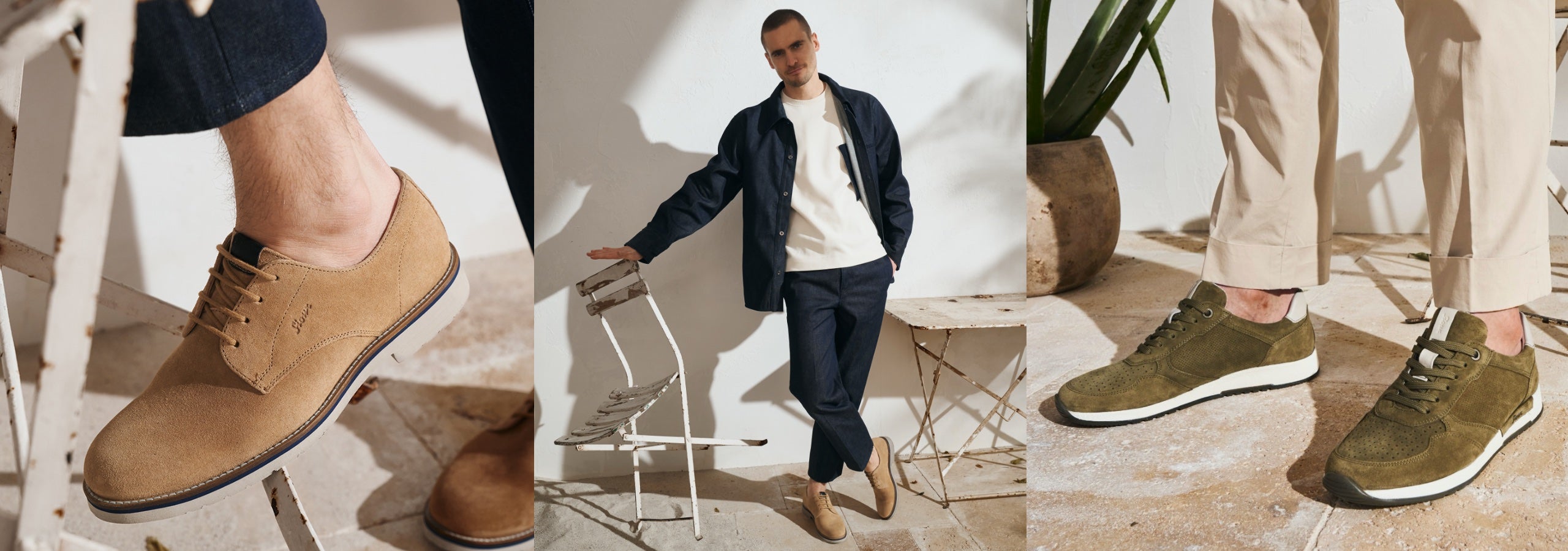 Three images showing different styles of sioux shoes for men featuring Encanio lace up and rojaro trainers.