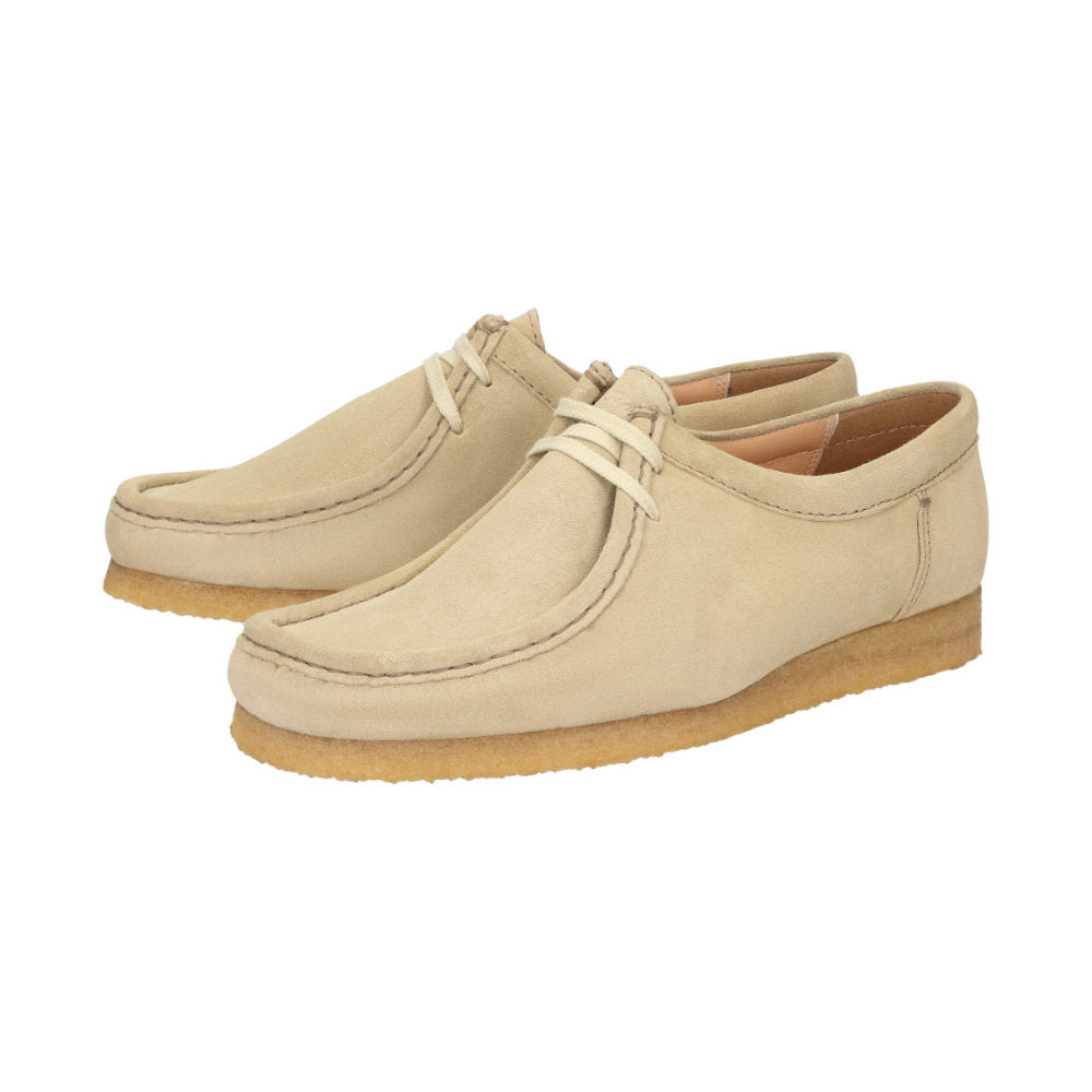 Side view of pair of Tils Grashopper beige calf suede barefoot loafer/ mocassin for men