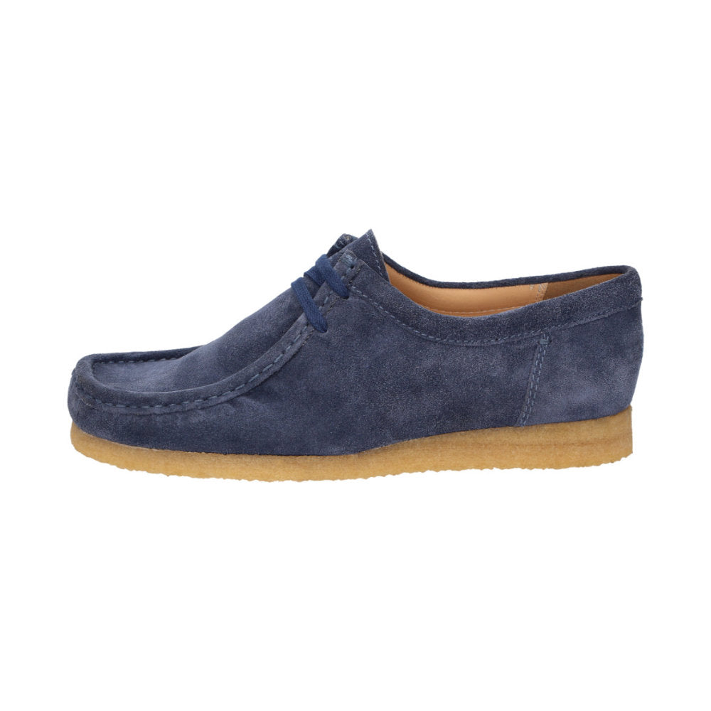 Side view of Tils Grashopper blue calf suede barefoot loafer / mocassin for men showcasing handcrafted calf suede details