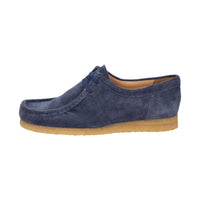 Side view of Tils Grashopper blue calf suede barefoot loafer / mocassin for men showcasing handcrafted calf suede details