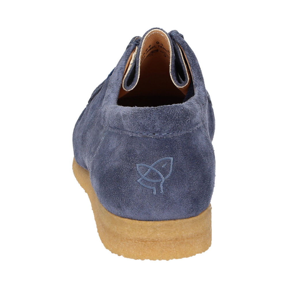 Back view profile of Tils Grashopper blue calf suede  barefoot loafer/ moccasin  for men showcasing natural rubber sole and heel