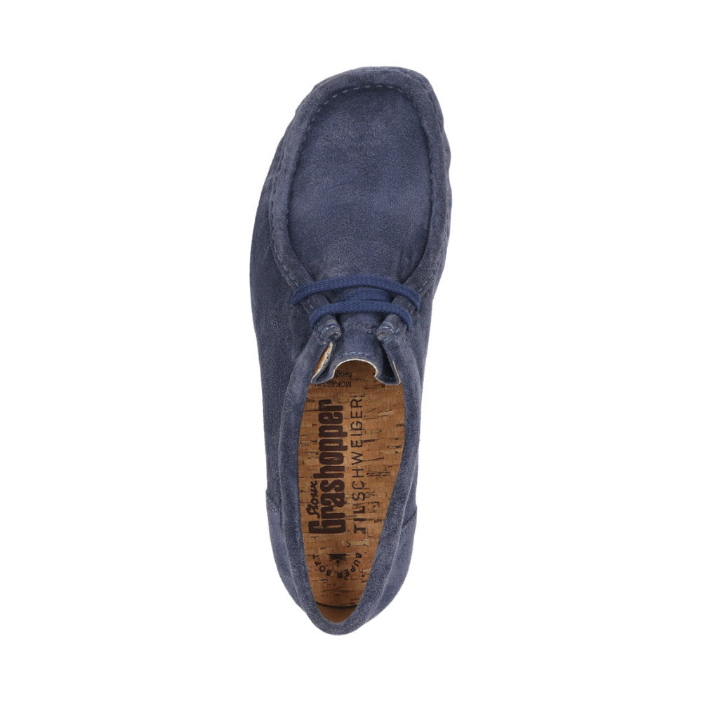 Top-down view of Tils Grashopper blue calf suede barefoot loafer / mocassin for men showcasing cork inner lining and Grashopper brand