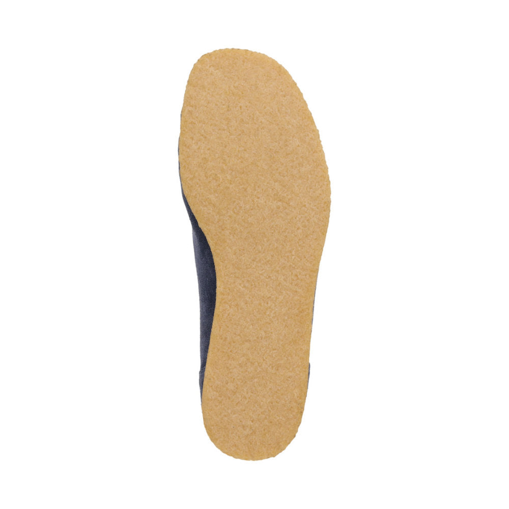 Bottom view of Tils Grashopper blue calf suede barefoot loafer / mocassin for men showing crepe sole and cushioned comfort
