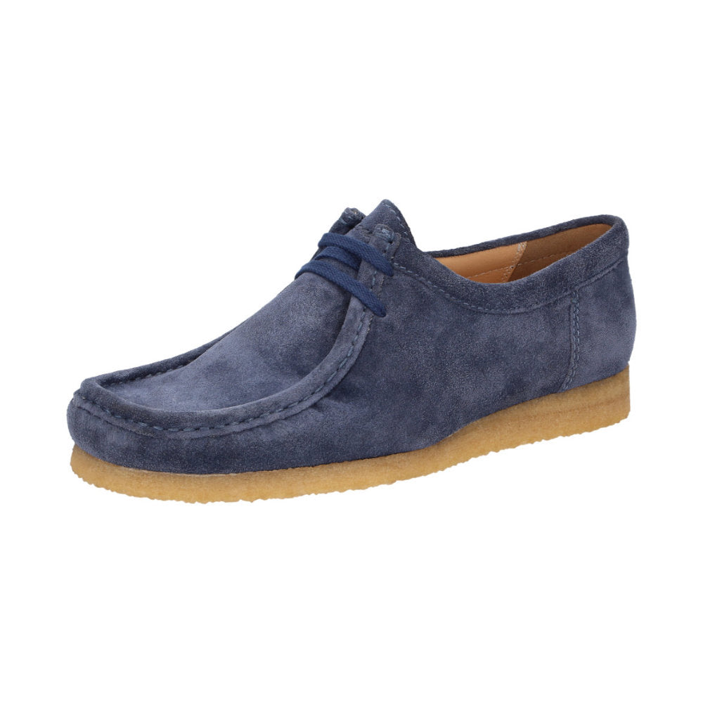 Side view of Tils Grashopper blue calf suede barefoot loafer / mocassin for men showcasing handcrafted calf suede details