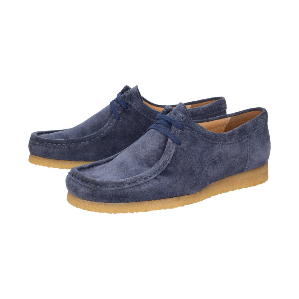 Side view of pair of Tils Grashopper blue calf suede barefoot loafer/ mocassin for men