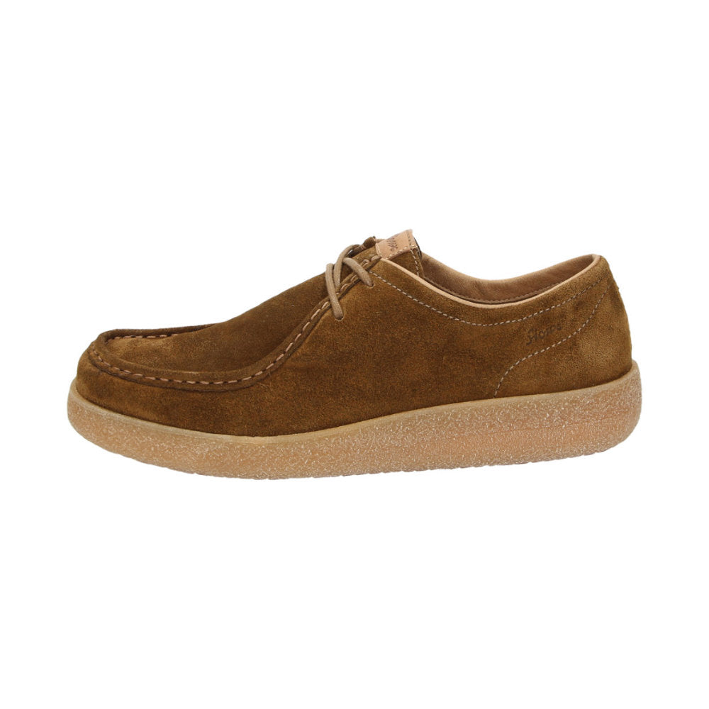 Side view of Jukondon brown waxed calf suede laceup for men showcasing handcrafted calf suede details