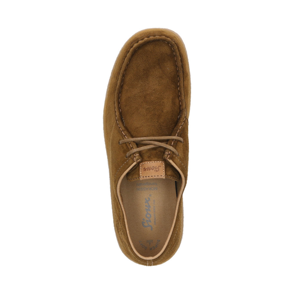 Top-down view of Jukondon brown waxed calf suede laceup for men showcasing microfiber lining and Grashopper brand