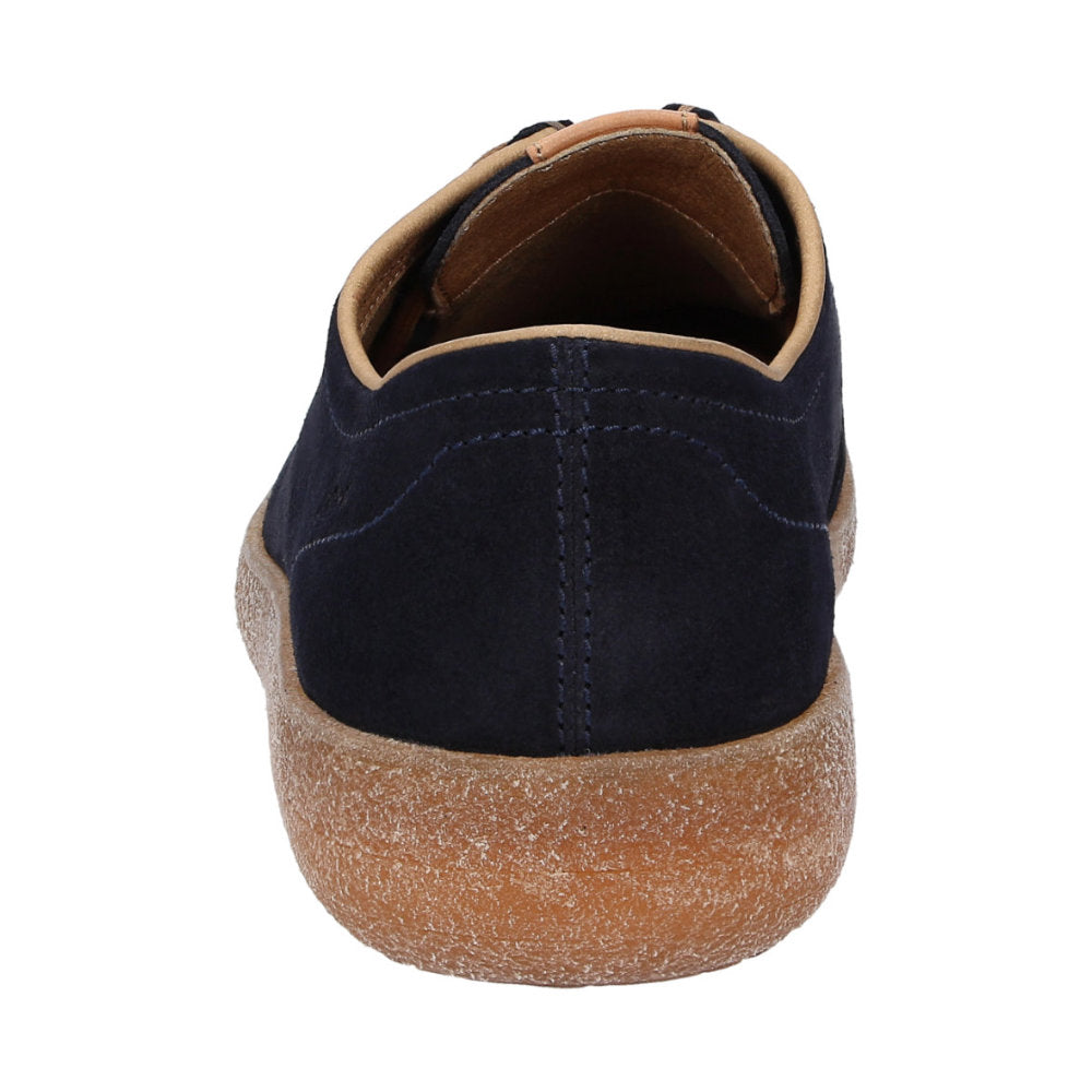 Back view profile of Jukondon navy waxed calf suede laceup for men showcasing natural TR sole and heel