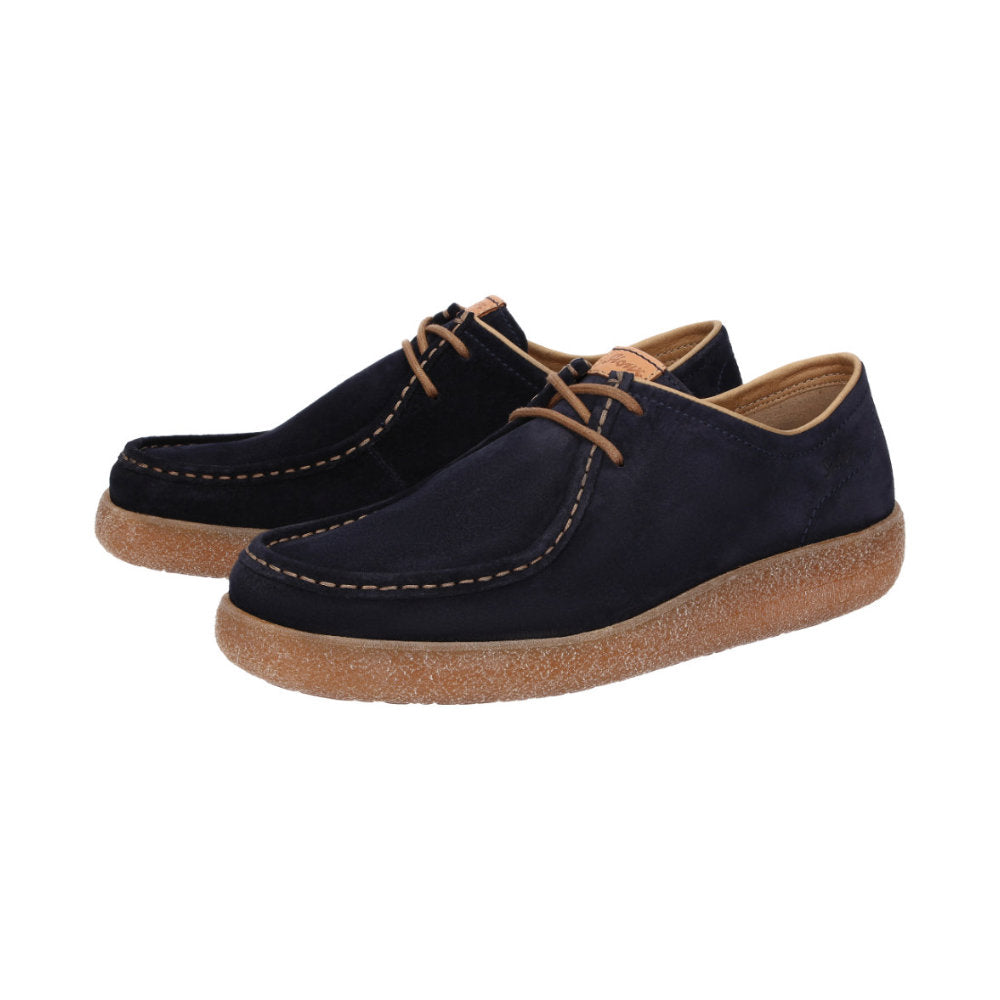 Side view of pair of Jukondon navy waxed calf suede laceup for men