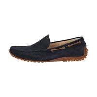 Side view of Callimo navy calf suede moccasin for men featuring lightweight rubber sole curved up at the heel ideal for car drivers