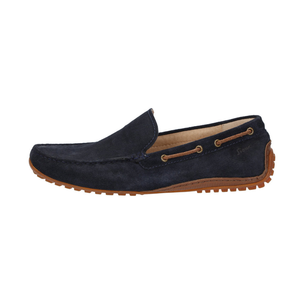Side view of Callimo navy calf suede moccasin for men featuring lightweight rubber sole curved up at the heel ideal for car drivers