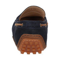 Detailed back view of navy calf suede Callimo moccasin for men showing distinctive color blocking and lightweight rubber sole curve at the heel ideal for car drivers