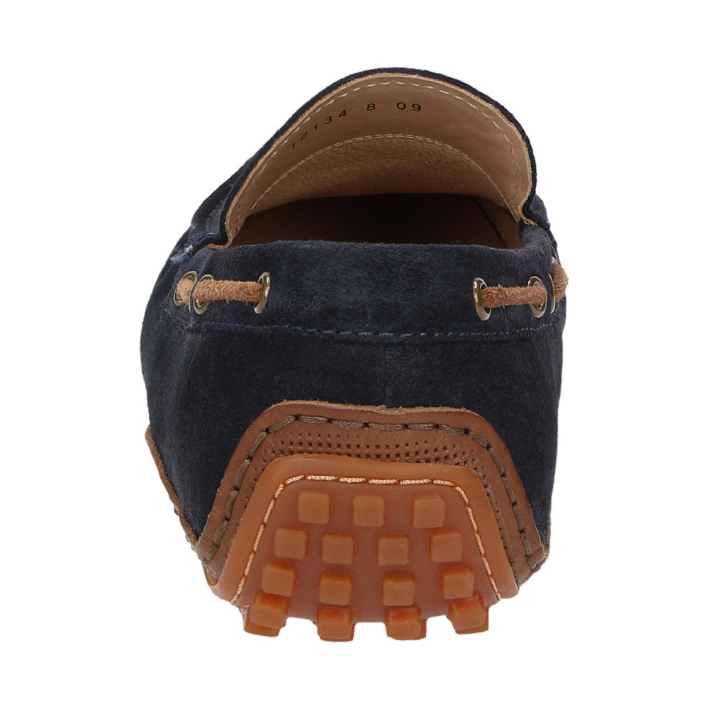 Detailed back view of navy calf suede Callimo moccasin for men showing distinctive color blocking and lightweight rubber sole curve at the heel ideal for car drivers