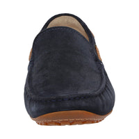 Detailed front view of navy calf suede Callimo moccasin for men showing detail and lightweight rubber sole curve at the heel ideal for car drivers
