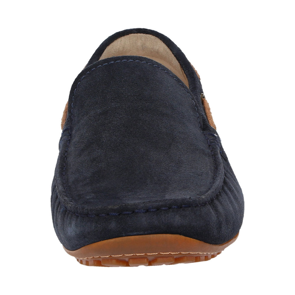 Detailed front view of navy calf suede Callimo moccasin for men showing detail and lightweight rubber sole curve at the heel ideal for car drivers