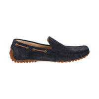Inside view of Callimo navy calf suede moccasin for men featuring lightweight rubber sole curved up at the heel ideal for car drivers