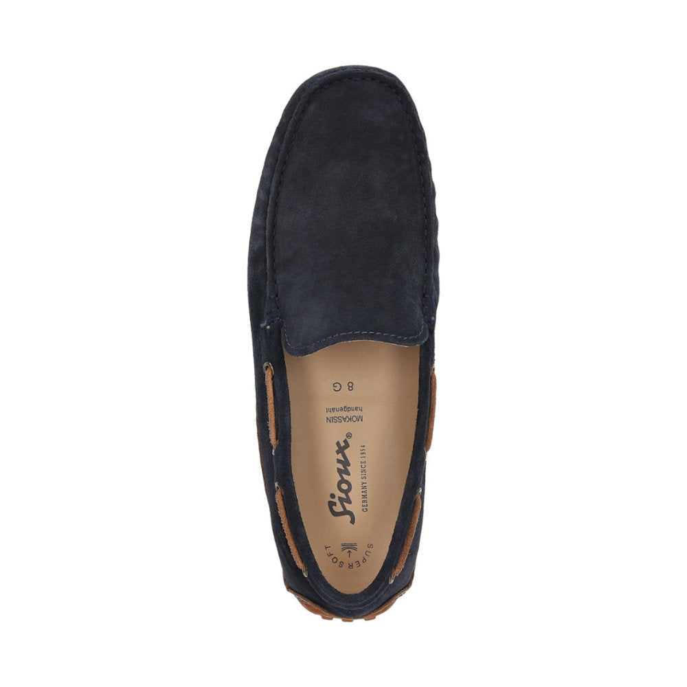 Topdown view of Callimo navy calf suede moccasin for men featuring microfibre lining and cushioned insole