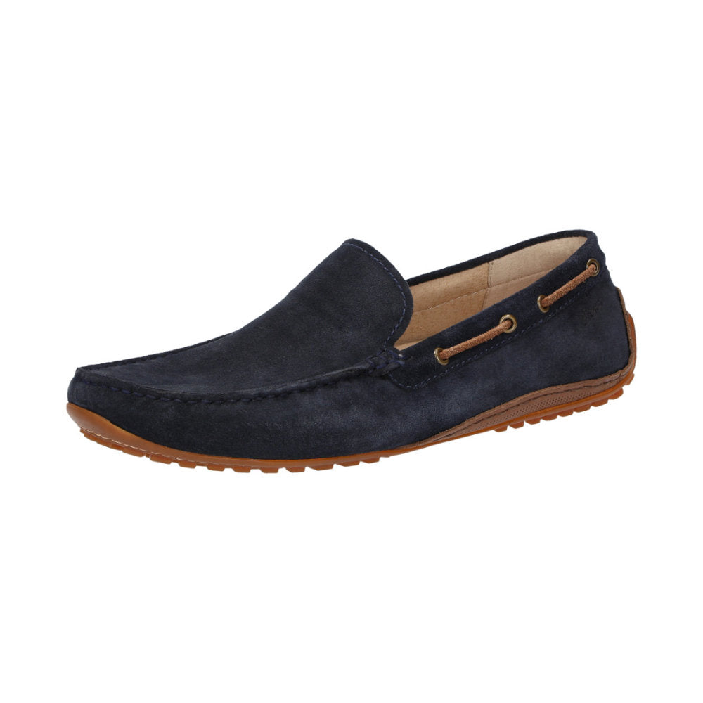 Side view of Callimo navy calf suede moccasin for men featuring lightweight rubber sole curved up at the heel ideal for car drivers