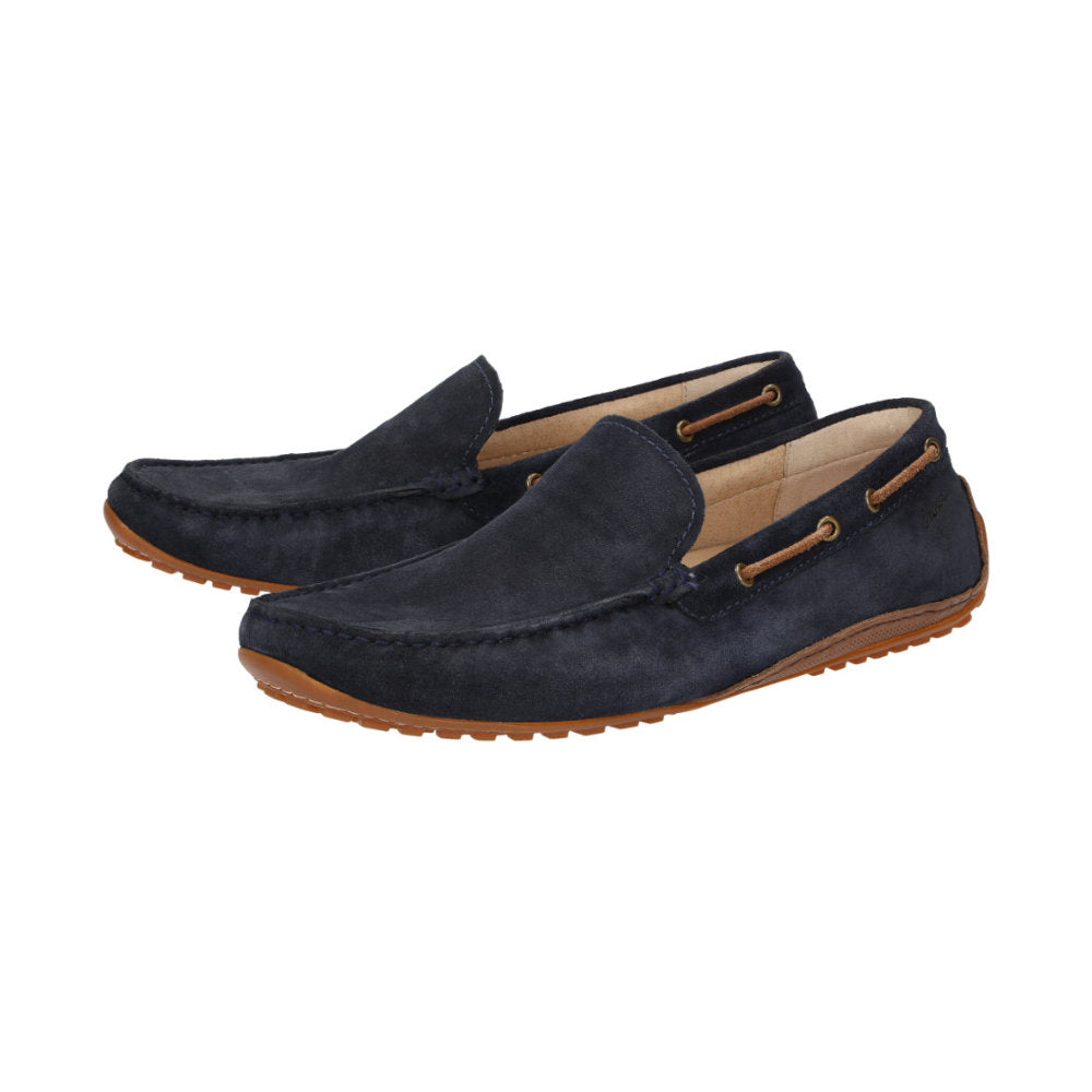 Side view of a pair of Callimo navy calf suede moccasin for men featuring lightweight rubber sole curved up at the heel ideal for car drivers
