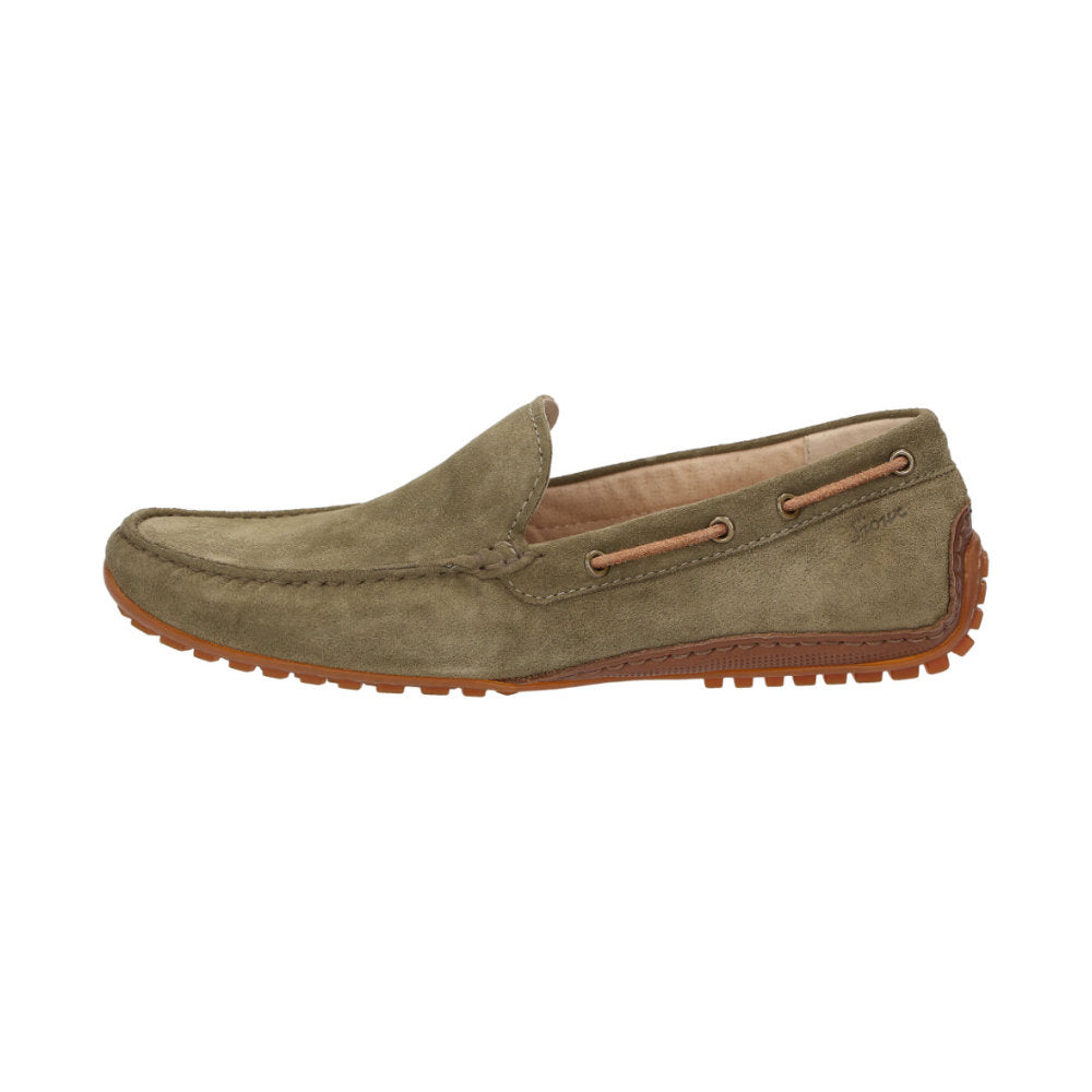 Side view of of Callimo green calf suede moccasin for men featuring lightweight rubber sole curved up at the heel ideal for car drivers