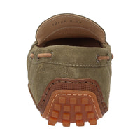 Detailed back view of green calf suede Callimo moccasin for men showing distinctive color blocking and lightweight rubber sole curve at the heel ideal for car drivers