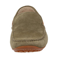 Detailed front view of green calf suede Callimo moccasin for men showing detail and lightweight rubber sole curve at the heel ideal for car drivers