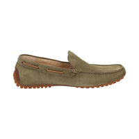 Inside view of Callimo green calf suede moccasin for men featuring lightweight rubber sole curved up at the heel ideal for car drivers