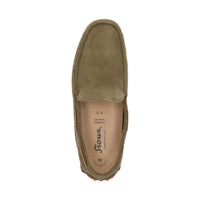 Topdown view of Callimo green calf suede moccasin for men featuring microfibre lining and cushioned insoles