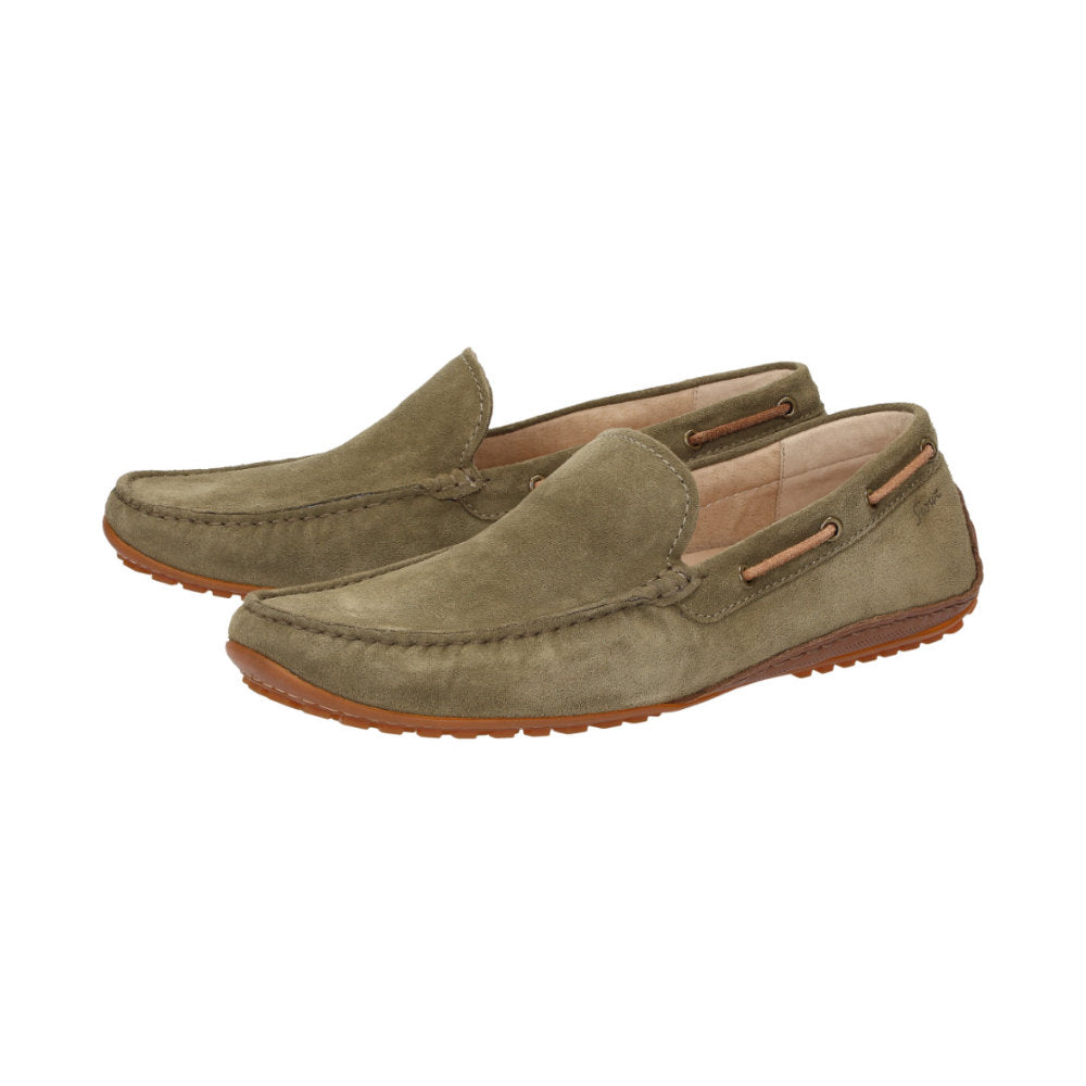 Side view of a pair of green calf suede Callimo moccasin for men showing distinctive color blocking and lightweight rubber sole curved at the heel ideal for car drivers