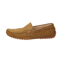 Side view of Callimo brown calf suede moccasin for men featuring lightweight rubber sole curved up at the heel ideal for car drivers