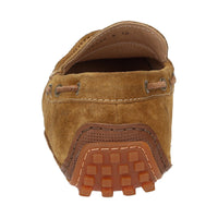 Detailed back view of brown calf suede Callimo moccasin for men showing distinctive design and lightweight rubber sole curve at the heel ideal for car drivers