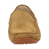Detailed front view of brown calf suede Callimo moccasin for men showing detail and lightweight rubber sole curve at the heel ideal for car drivers