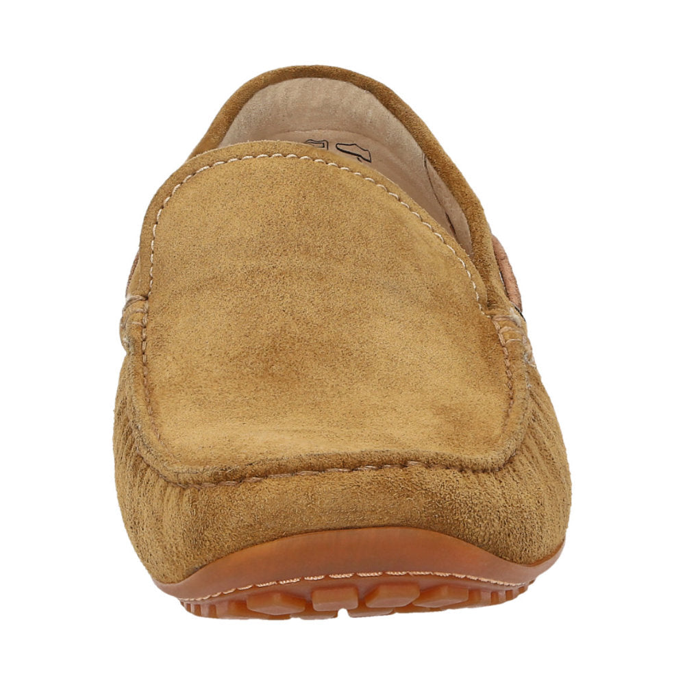 Detailed front view of brown calf suede Callimo moccasin for men showing detail and lightweight rubber sole curve at the heel ideal for car drivers
