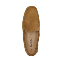 Topdown view of Callimo brown calf suede moccasin for men featuring microfibre lining and cushioned insole