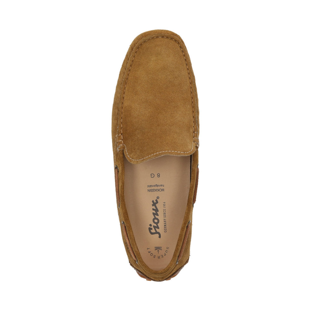 Topdown view of Callimo brown calf suede moccasin for men featuring microfibre lining and cushioned insole