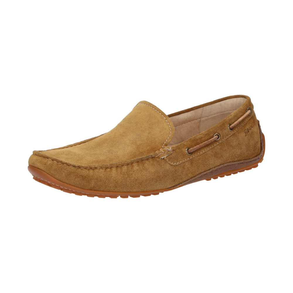 Side view of Callimo brown calf suede moccasin for men featuring lightweight rubber sole curved up at the heel ideal for car drivers