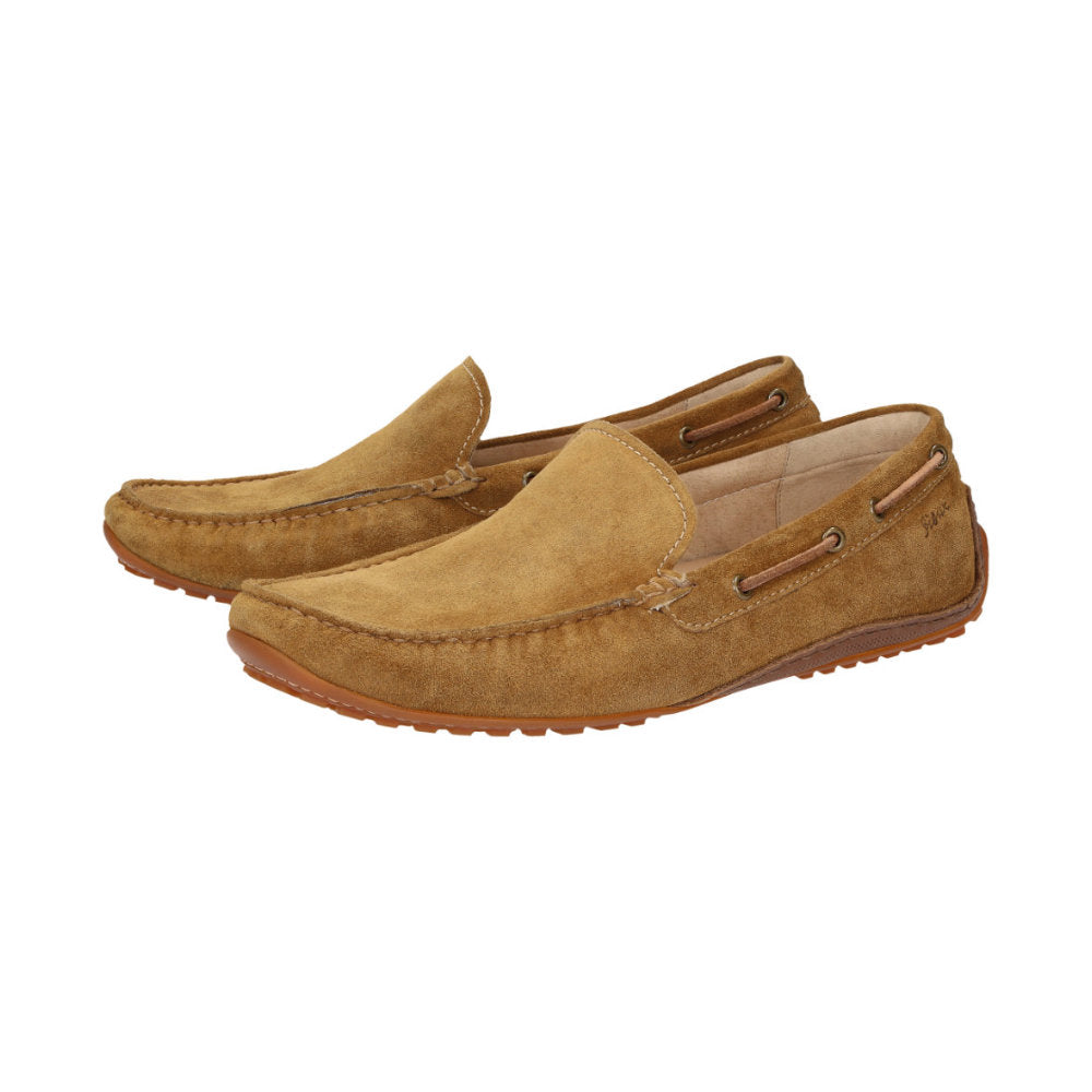 Side view of a pair of Callimo brown calf suede moccasin for men featuring lightweight rubber sole curved up at the heel ideal for car drivers