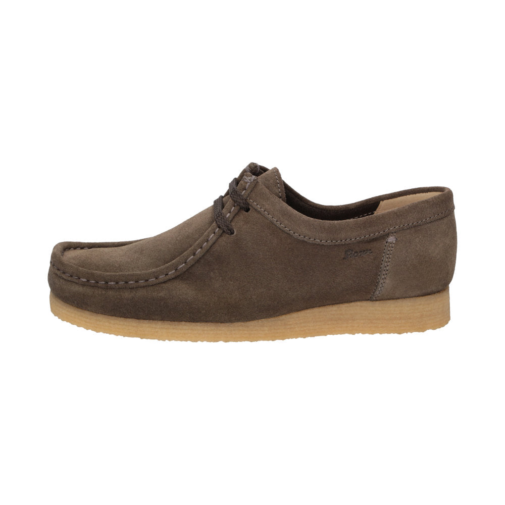 Side view of Grashopper-H-011 brown calf suede barefoot loafer / mocassin for men showcasing handcrafted calf suede details