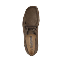 Top-down view of Grashopper-H-011 brown calf suede barefoot loafer / mocassin for men showcasing cork inner lining and Grashopper brand