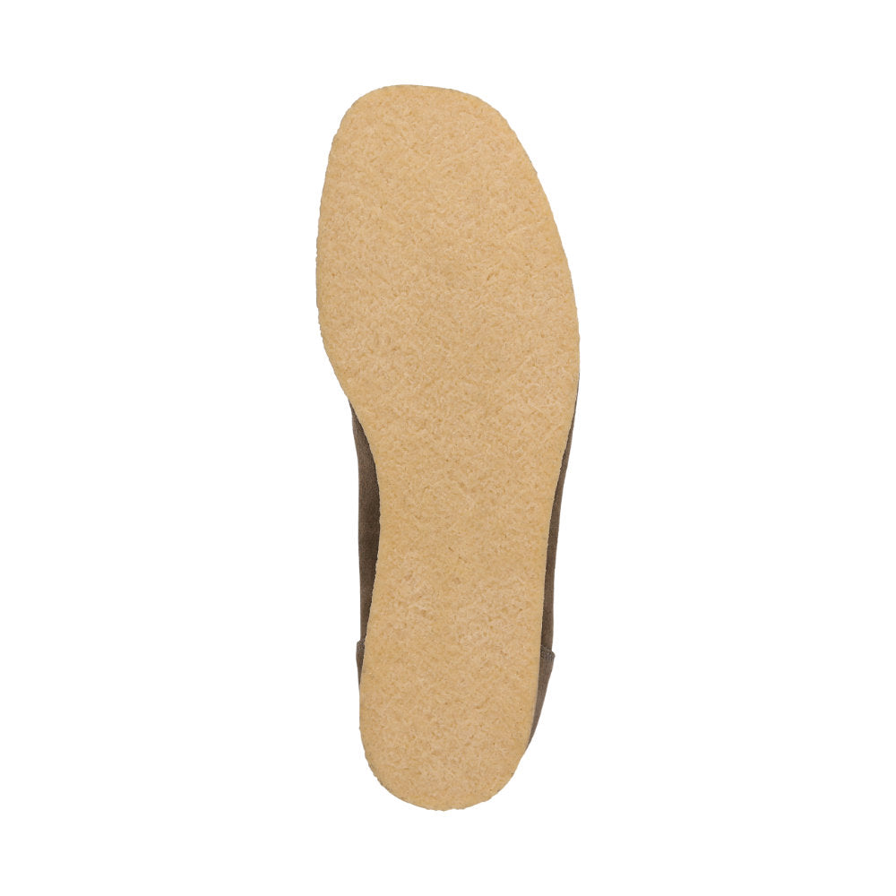 Bottom view of Grashopper-H-011 brown calf suede barefoot loafer / mocassin for men showing crepe sole and cushioned comfort