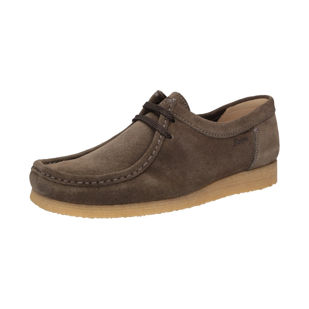 Side view of Grashopper-H-011 brown calf suede barefoot loafer / mocassin for men showcasing handcrafted calf suede details