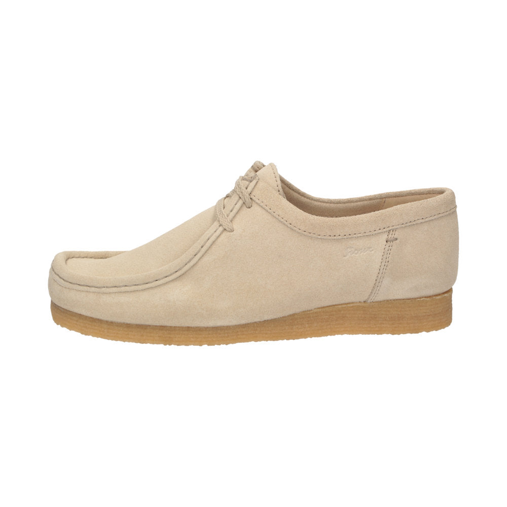 Side view of Grashopper-H-011 cream calf suede barefoot loafer / mocassin for men showcasing handcrafted calf suede details