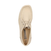 Top-down view of Grashopper-H-011 cream calf suede barefoot loafer / mocassin for men showcasing cork inner lining and Grashopper brand