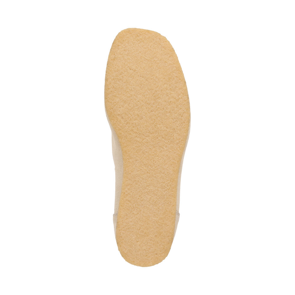 Bottom view of Grashopper-H-011 cream calf suede barefoot loafer / mocassin for men showing crepe sole and cushioned comfort