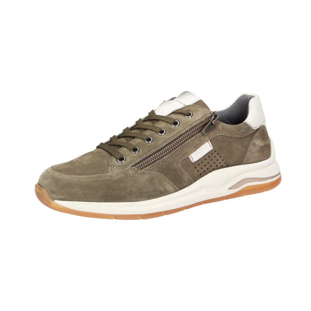 Turibio green lace-up trainer worn lifestyle view