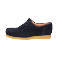 Side view of Tils Grashopper navy calf suede barefoot loafer / mocassin for men showcasing handcrafted calf suede details
