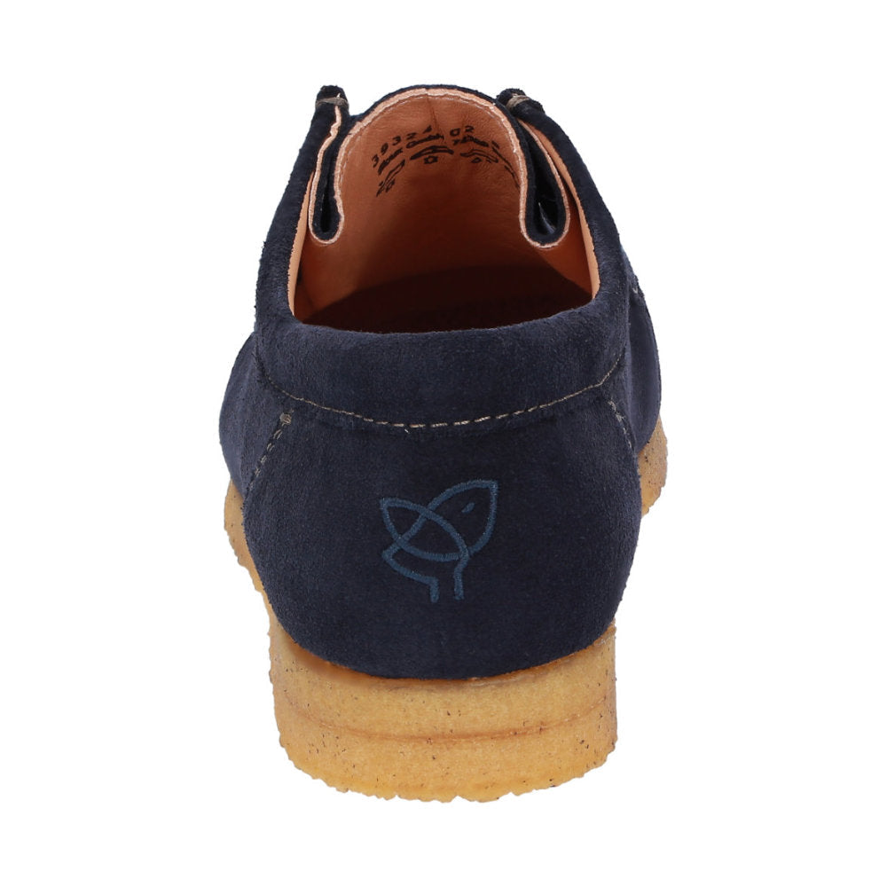 Back view profile of Tils Grashopper navy calf suede  barefoot loafer/ moccasin  for men showcasing natural rubber sole and heel
