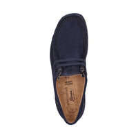 Top-down view of Tils Grashopper navy calf suede barefoot loafer / mocassin for men showcasing cork inner lining and Grashopper brand