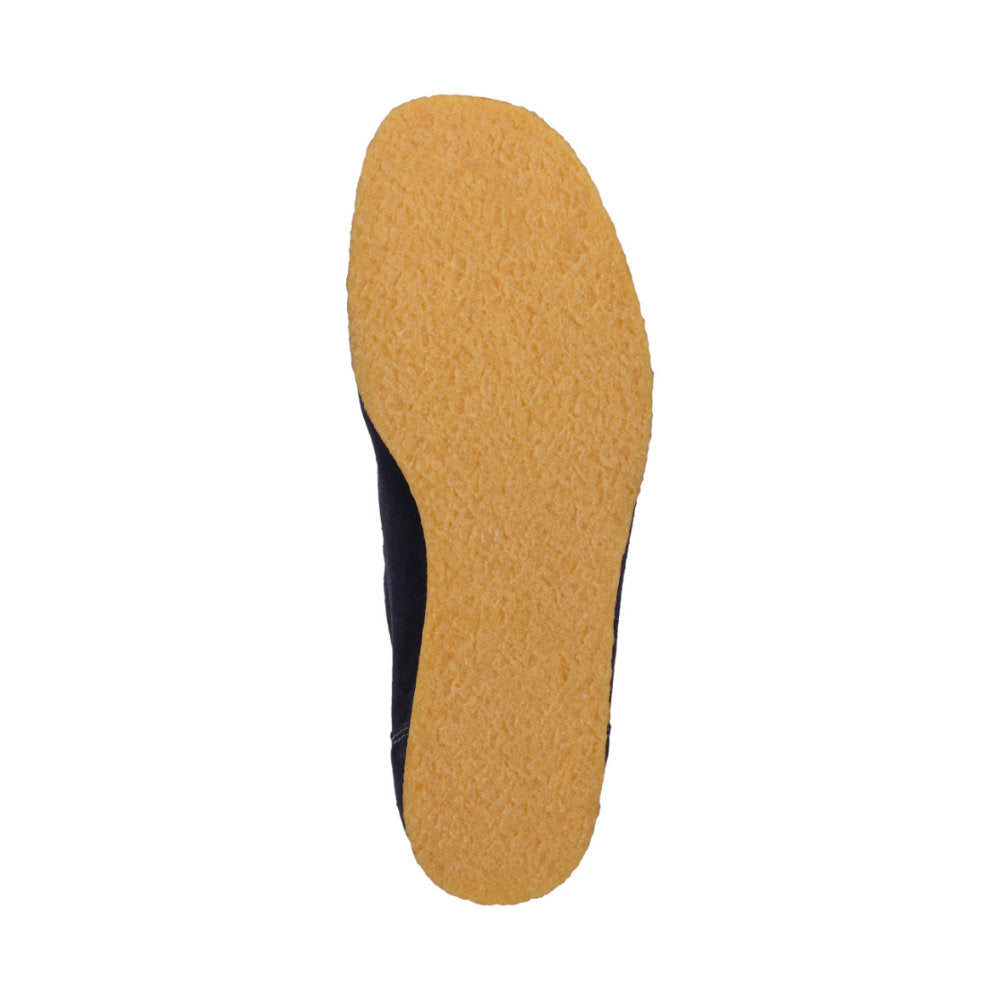 Bottom view of Tils Grashopper navy calf suede barefoot loafer / mocassin for men showing crepe sole and cushioned comfort