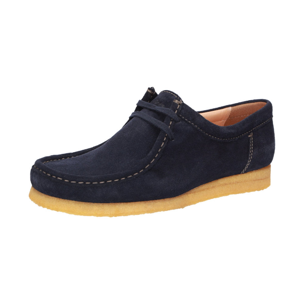 Side view of Tils Grashopper navy calf suede barefoot loafer / mocassin for men showcasing handcrafted calf suede details